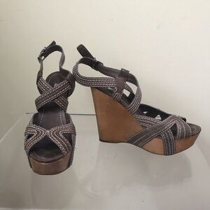MIU MIU Strappy Leather Platform Wedge Heel Sandals Stitch Wood Ankle Strap Shoe